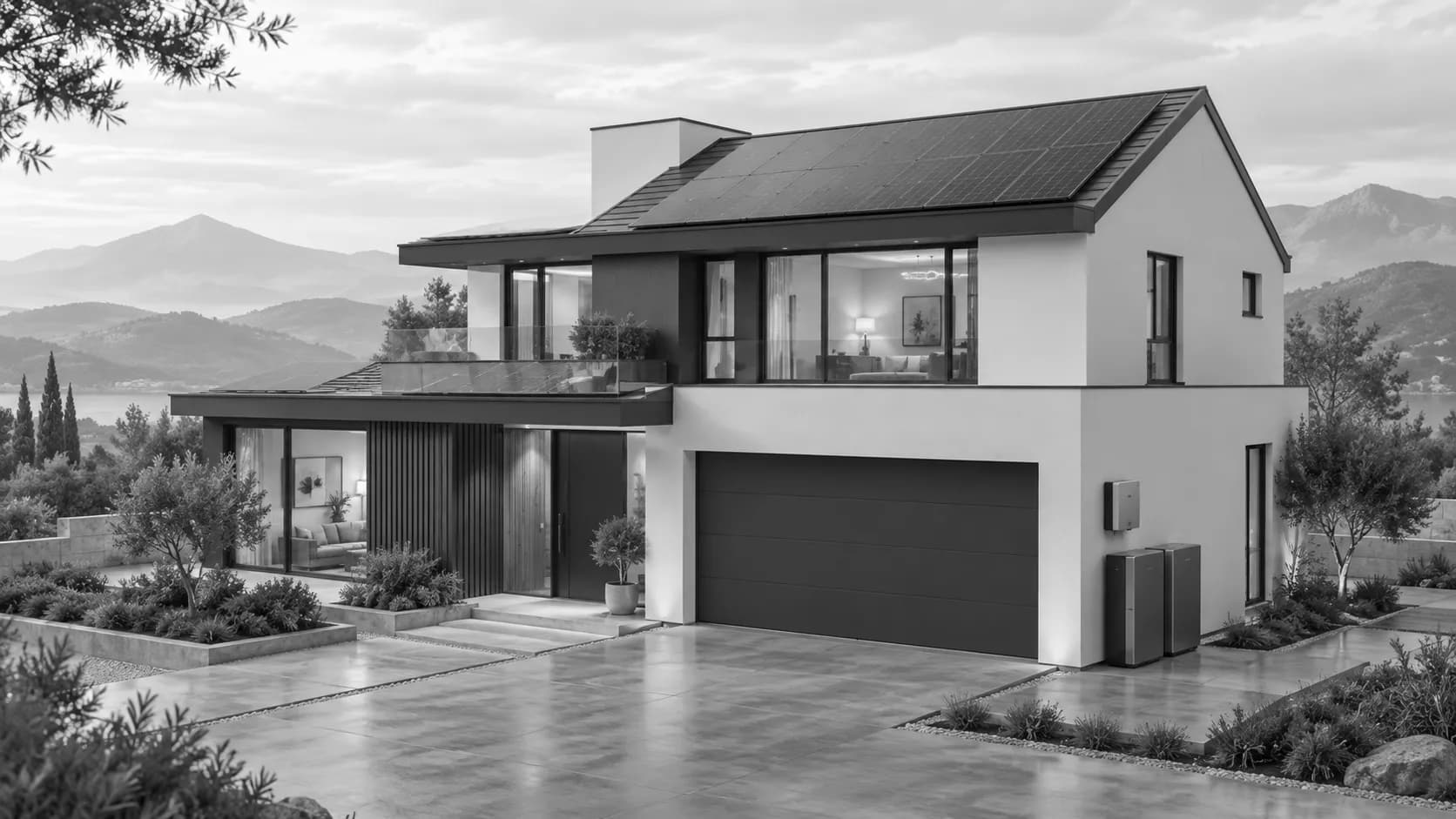 Concept home with rooftop solar panels, a wall-mounted inverter and exterior battery storage
