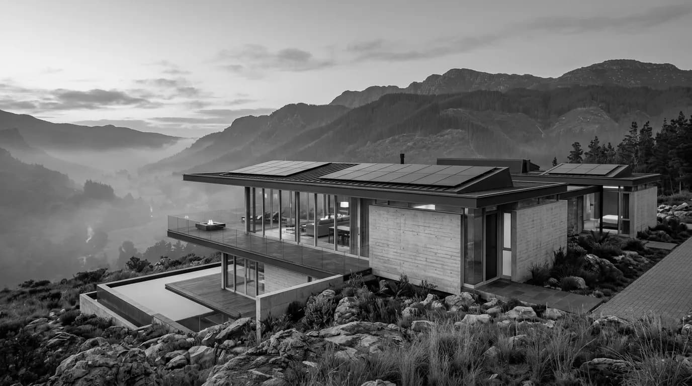Illustrative modern architectural home with rooftop solar arrays against a calm mountain horizon